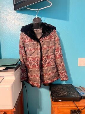 Pendleton Red and Gray Aztec-Pattern Teddy Jacket with Black Faux Fur Hood,